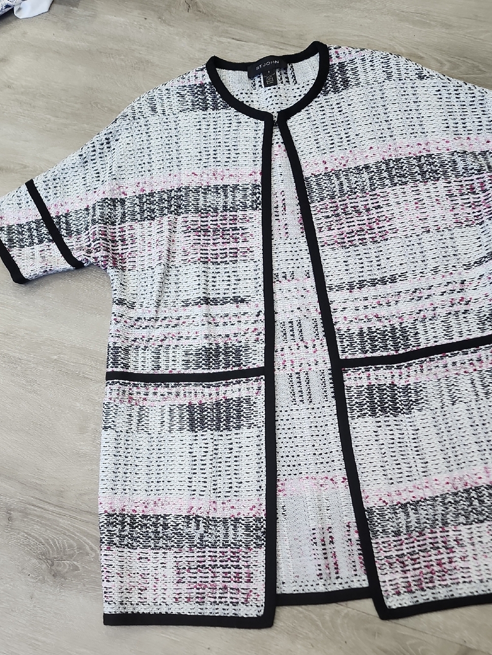 St. John Open-Front Knit Cardigan in White, Black & Pink Accent